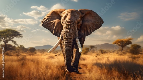 Noble African elephant grazing on the savannah