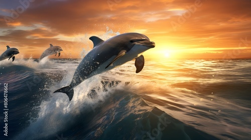 Playful dolphins leaping in the ocean,