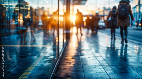 Blurred background of people walking on the street in London at sunset.