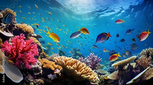 School of colorful tropical fish darting through a vibrant coral garden