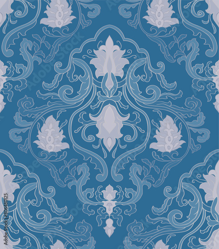 Seamless pattern with ornamental flowers. Blue floral damask ornament. Background for wallpaper, textile, carpet and any surface. 