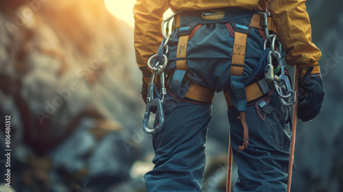 close up of a climber wearing a safety harness and straps