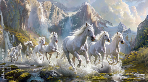  white horses in the picture are painted in a scene with an atmosphere of peace, suitable for use as a background in a child's room or playroom.