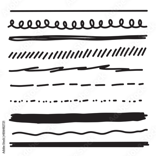 Set of lines, hand drawn dividers, doodle underlines, different thickness brush stripes. Vector illustration of scribble lines.