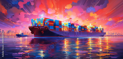 At twilight, the container landscape transforms, bathed in the warm hues of pink and orange light, creating a mesmerizing and tranquil atmosphere. Generative AI.