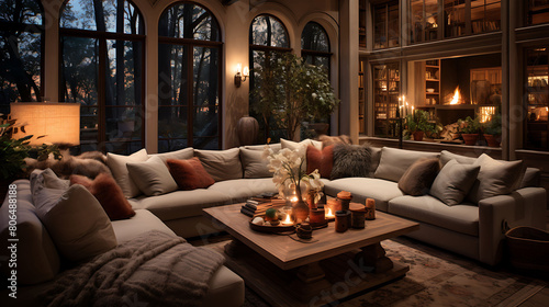 A cozy living room with plush sofas and warm lighting.