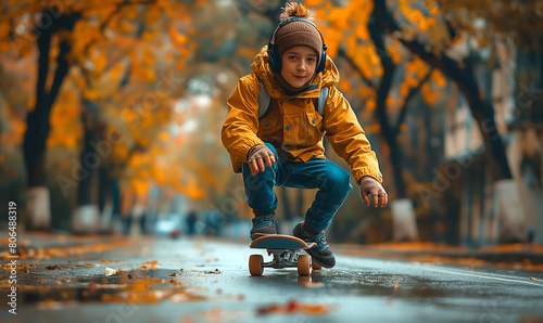 A young boy wearing headset speeding on his skateboard on the street