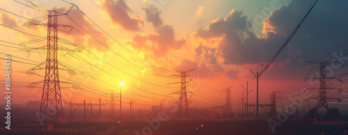 a sunset view With electrical poles with power cables hanging from them , bokeh panorama background, city electricity, energy electric, clouds in sky , sunlight ,Transmission of electrical energy 