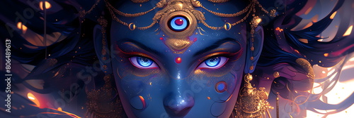 Close-up of the face of the Indian goddess Mahakali. Kali Maa on a dark blue background. Face of Goddess Durga. Religious holiday Hinduism