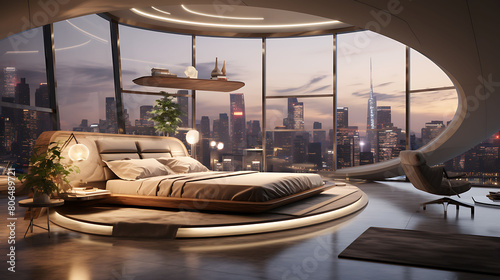 A futuristic bedroom with smart home technology, featuring a floating bed, programmable mood lighting, a large curved monitor for a personal theater experience,