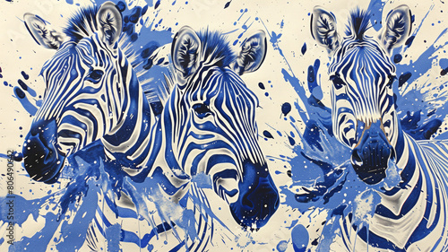Three zebras are painted in blue and white, with their heads turned to the right