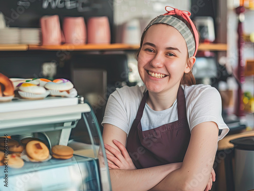 Smiling, young and attractive saleswoman, cashier serving customers at a cafe , coffee shop