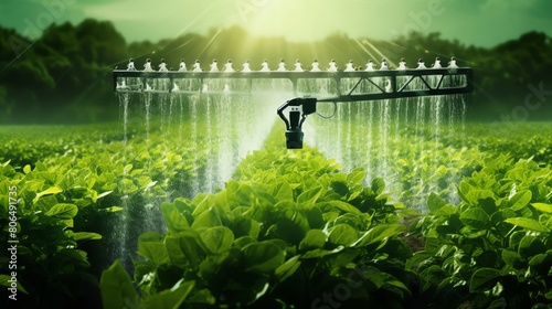 Automated agricultural irrigation system sprays water on a lush green field of young plants.