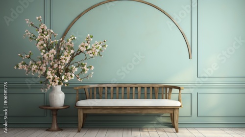 An elegant wooden bench sits in a serene room with a vase of delicate cherry blossoms. The soft green walls and arched alcove create a calming atmosphere.