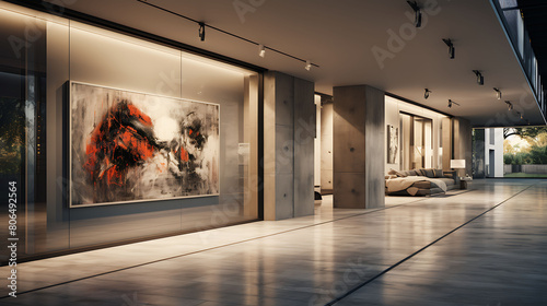 A sleek, modern corridor in an apartment, with recessed lighting, a series of abstract paintings on one side, and a reflective, polished concrete floor leading to the main living area,