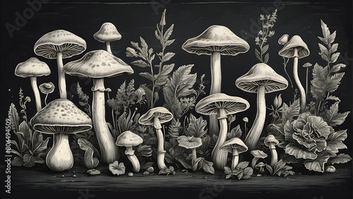 This detailed monochrome drawing showcases a variety of mushrooms surrounded by foliage, resembling vintage botanical illustrations