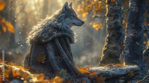 A wolf is sitting in the woods with a fur coat on