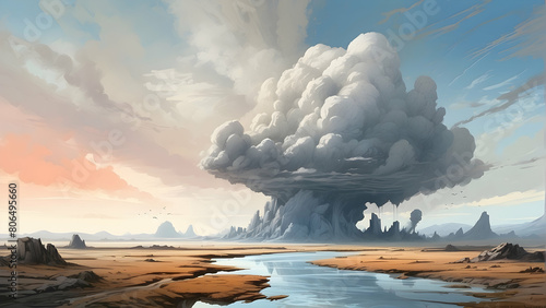 Dramatic scene depicting a massive, towering cloud engulfing an barren landscape, conjuring feelings of awe and the sublime