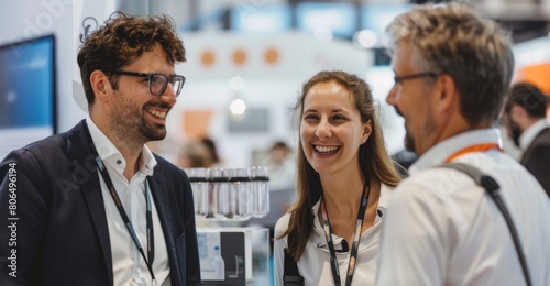 individuals in business casual attire as they laugh and chat together at an exhibition booth after the fair concludes captures the genuine connection and happiness shared among friends.