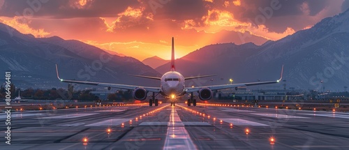 Airplane taking off into the sunset.