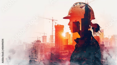 An engineer wearing a hard hat is standing on a construction site. The background is a watercolor painting of a city.