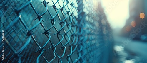 Close-up of chain link fence with blurred background.