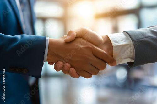 A close-up shot of a firm handshake between two businessmen in a sleek office, symbolizing trust and partnership