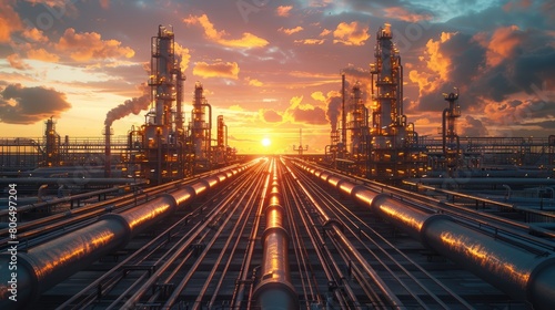 Oil and gas pipelines in industrial area at sunset.