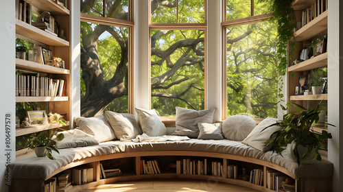 Bay window with seat and built-in bookshelves,