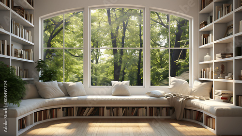 Bay window with seat and built-in bookshelves,