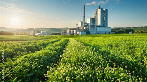 Panoramic view of a modern biomass power plant, surrounded by fields of biofuel crops, under a clear sky