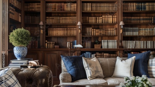 A collection of rare first editions showcased on a custombuilt bookcase adding a sophisticated element to the refined home library.