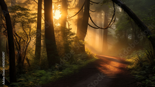 Capture a serene, misty forest scene at dawn. The sun is just rising