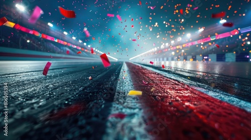 Race track at night with motion blur and confetti