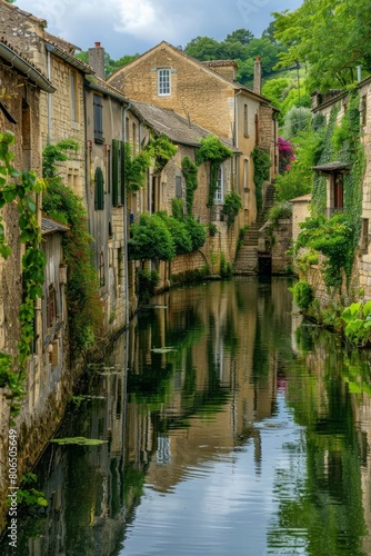 Picture a tranquil canal lined with old stone buildings, their walls adorned with trailing vines that dip into the water below, Generative AI
