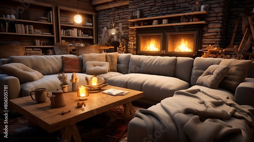 A cozy living room with a plush sectional sofa, soft throw blankets, and a crackling fireplace