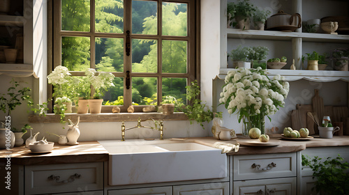 Classic French country kitchen with a farmhouse sink and herb garden window,