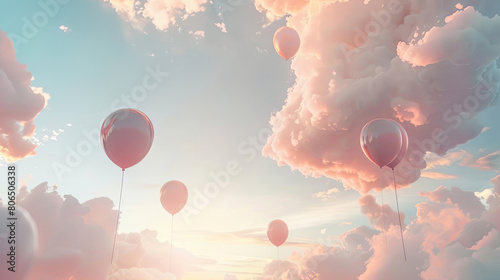 Pink and purple sunset sky with clouds and balloons