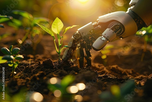 A robot hand is planting a plant in the soil. The sun is setting in the background.