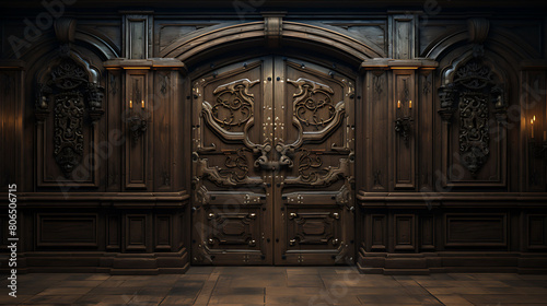 Classic wooden door with carved details and stained glass,