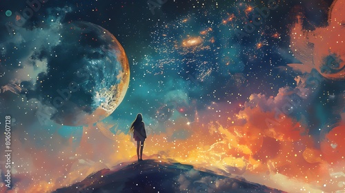 A solitary figure stands on a hilltop under a starry sky with a large detailed moon in the upper left corner surrounded by clouds and nebulae in hues of blue orange and pink an ethereal cosmic