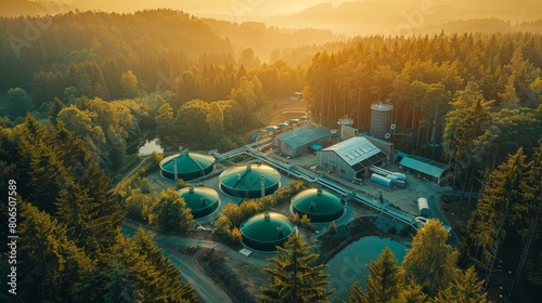 Biogas plant operational scene set against a backdrop of vibrant forests, highlighting its role in renewable electrical energy production