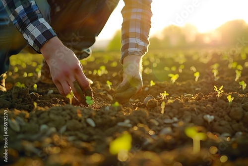 Farmer sowing seeds in field and sunlight background.