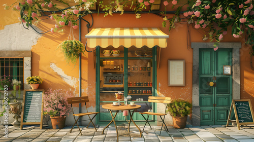 Colorful spring cafe, authentic atmosphere in Italy