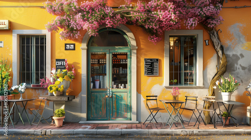 Colorful spring cafe, authentic atmosphere in Italy