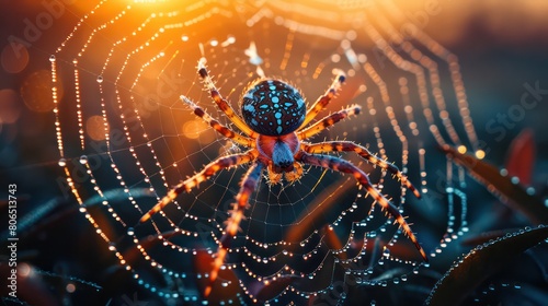 Detailed shot of a spider in its web at dawn, with dewdrops highlighting the web's intricate patterns.