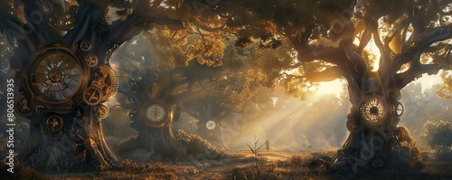 A mystical clockwork forest where each tree has a clock face and mechanical gears turning in its trunk