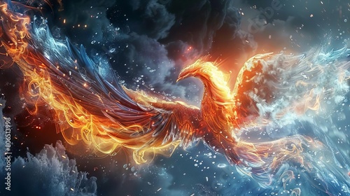A mythical phoenix made entirely of swirling water and steam, burning brightly at its core
