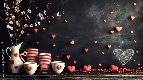 Rustic Valentine's Day background with chalkboard, vase, teacups, hearts, and flowers.
