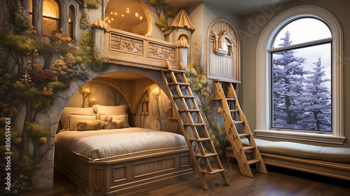 Enchanting fairy-tale children's bedroom with a castle loft bed and whimsical wall murals,